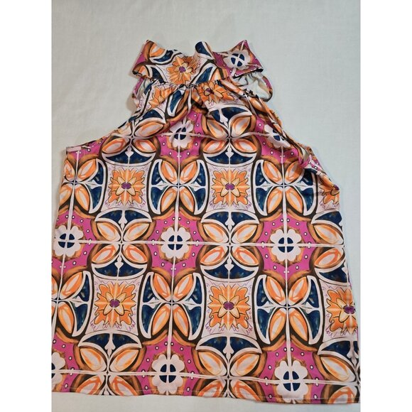 Rachel Zoe Womens Colorful Geometric print Tie Neck sleeveless Blouse Size L New - Picture 9 of 15